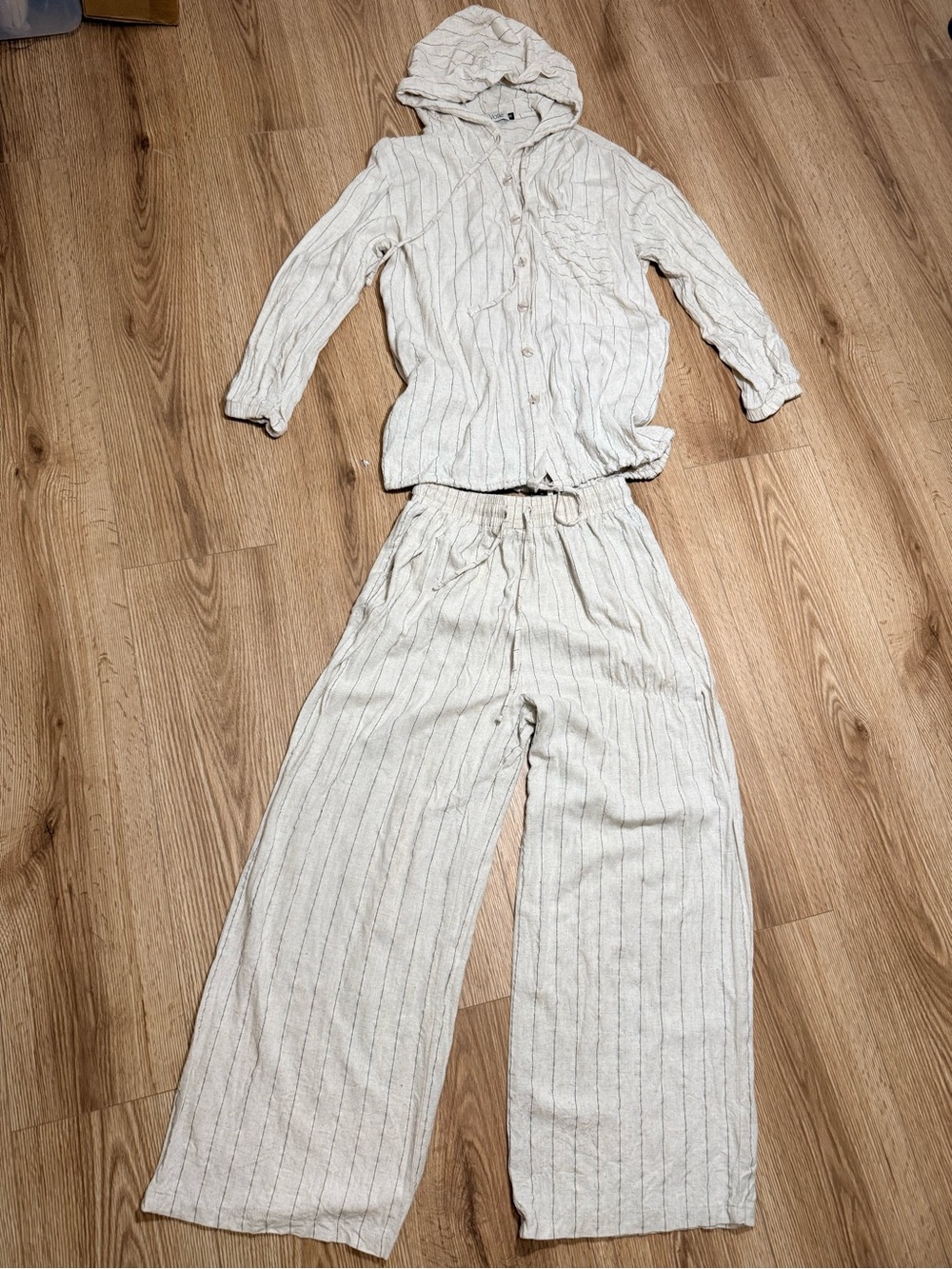 Women's Linen Pinstripe Hooded Button Shirt & Wide Leg Pants Set Beige set M